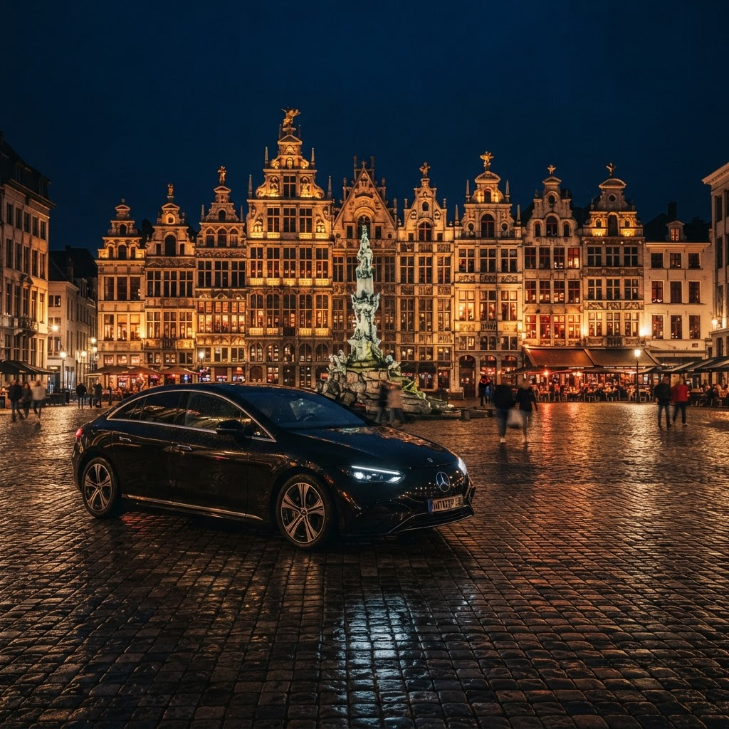 Zwarte Mercedes-Benz EQE Sedan op de Grote Markt in Antwerpen bij nacht